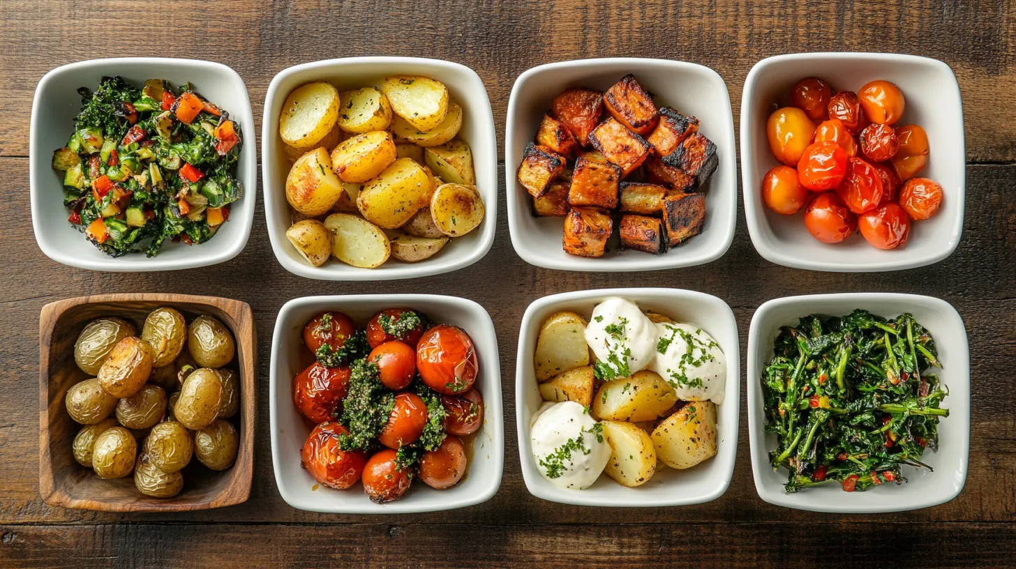 Stół z 6 talerzami jedzenia.