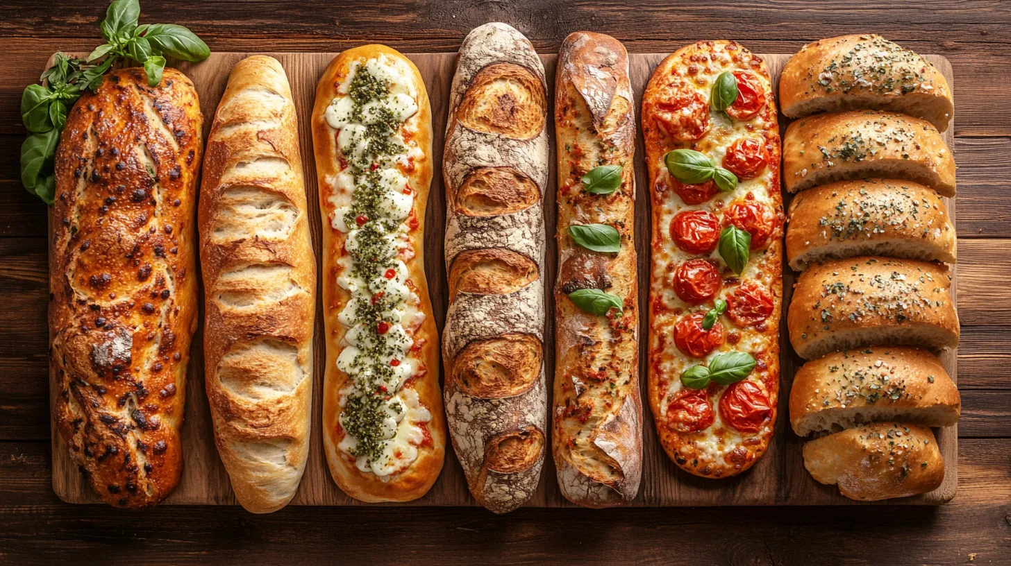 Zdjęcie różnych rodzajów chleba i pizzy.