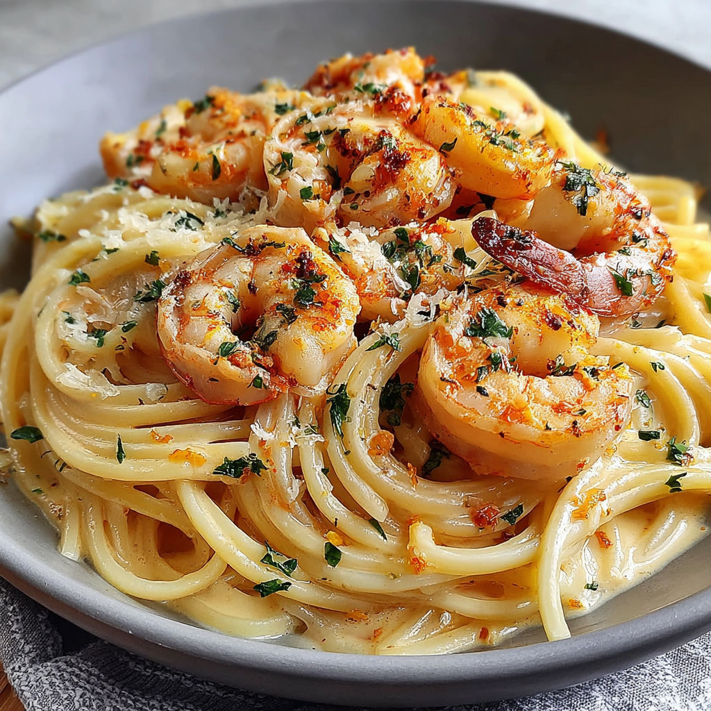 A plate of spaghetti with shrimp on top.