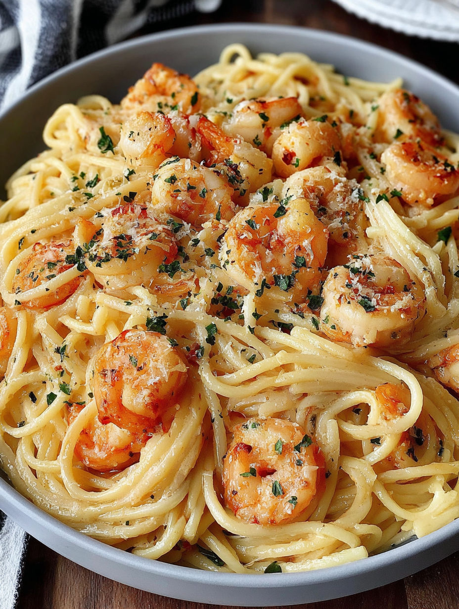 A bowl of spaghetti with shrimp and cheese.