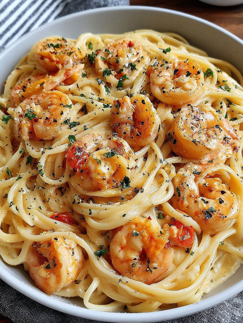 A bowl of spaghetti with shrimp and herbs.