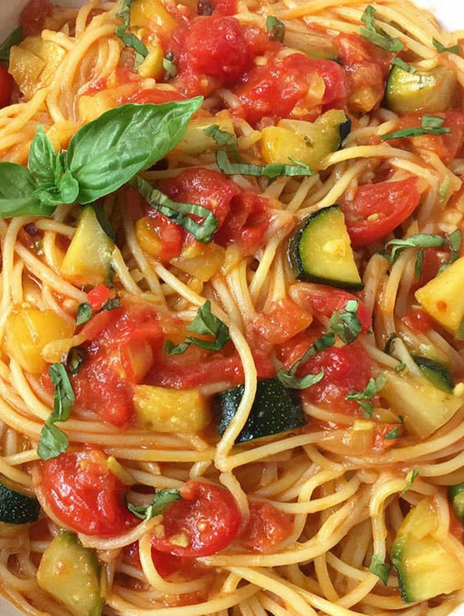 A close up of a plate of spaghetti with tomatoes and zucchini.