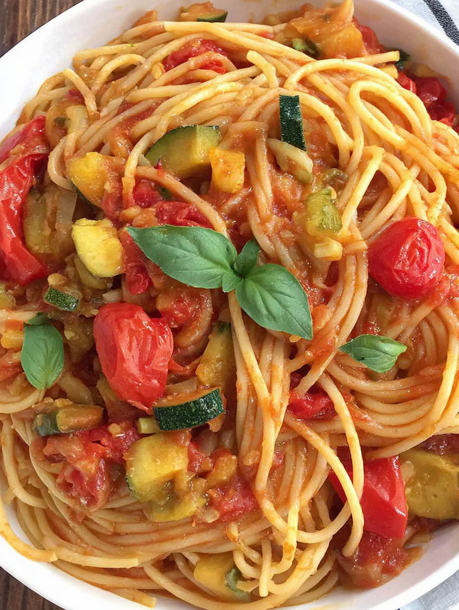 A bowl of spaghetti with tomatoes, zucchini, and basil.