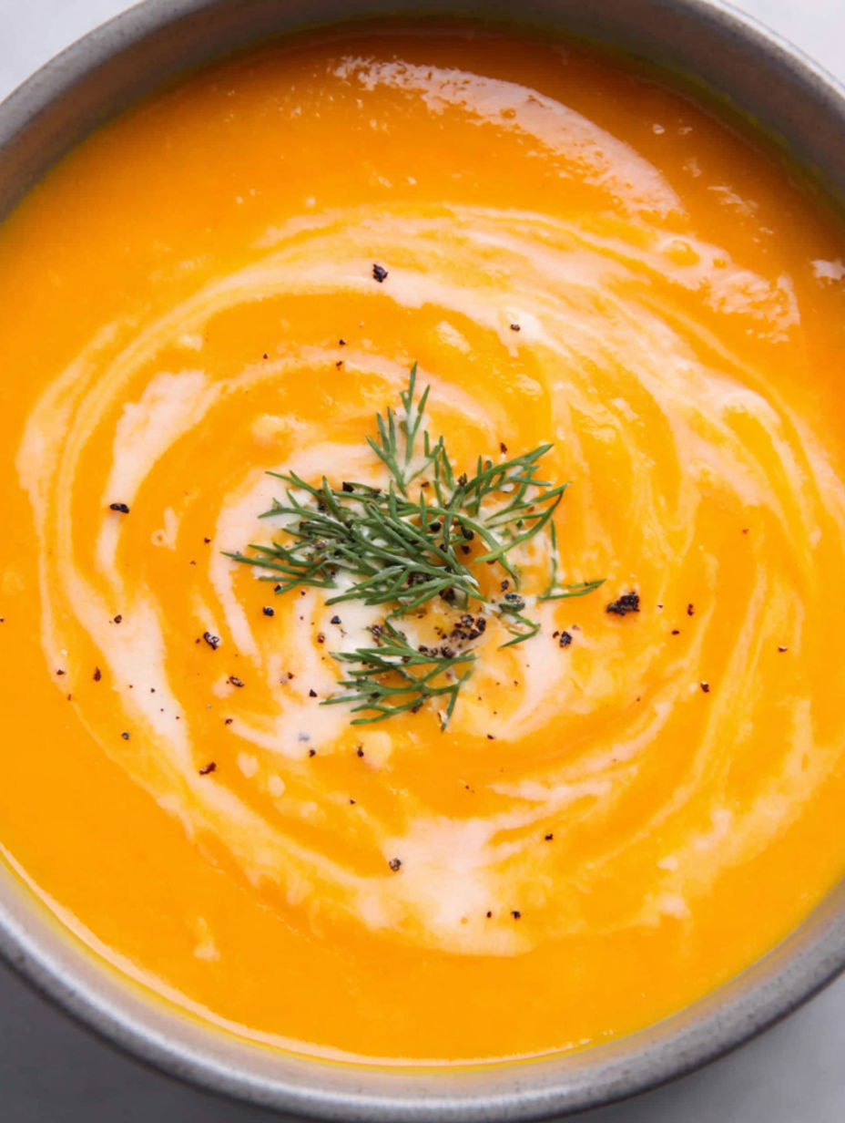 A bowl of soup with a sprig of parsley on top.