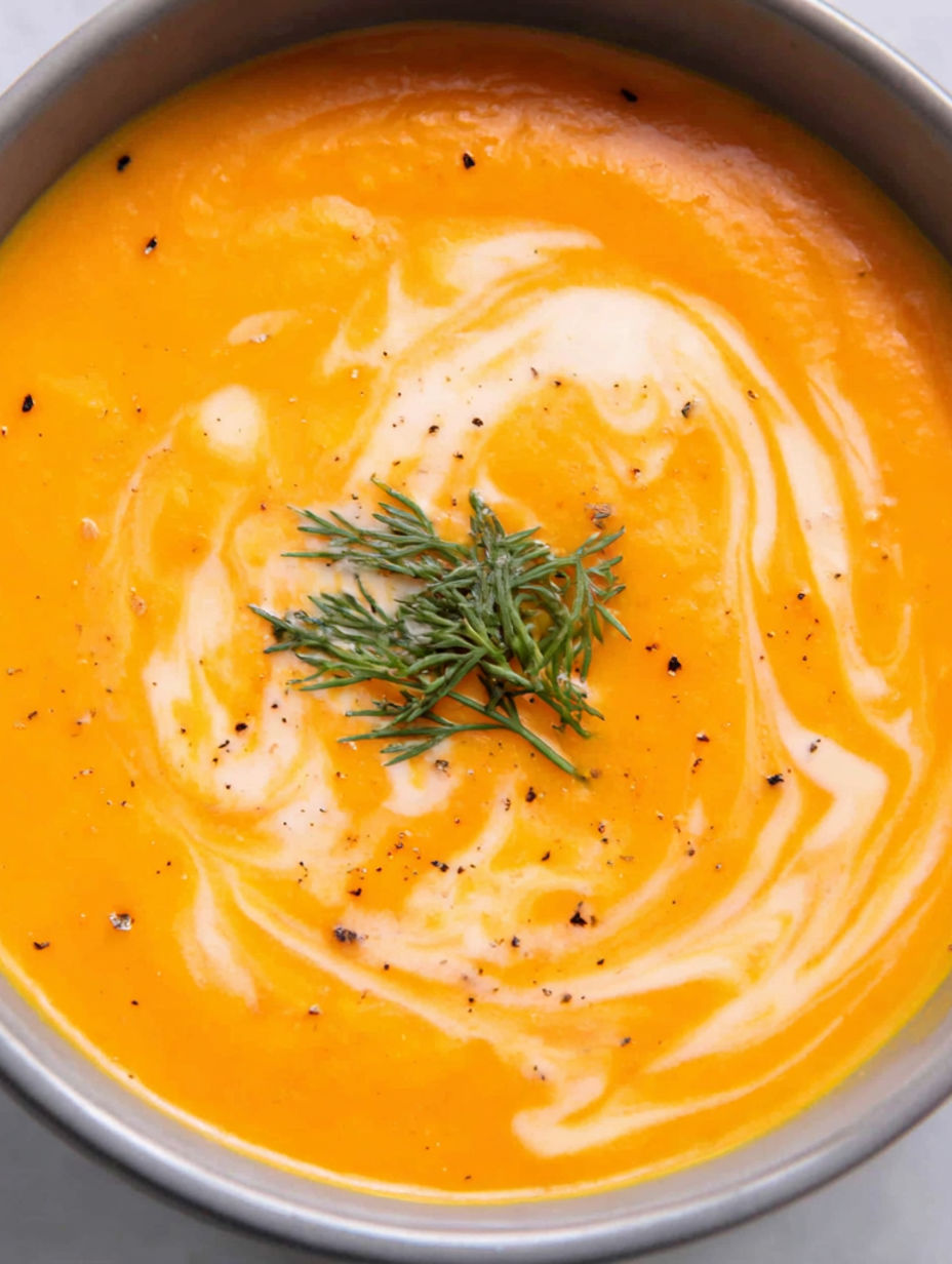 A bowl of soup with a green herb on top.