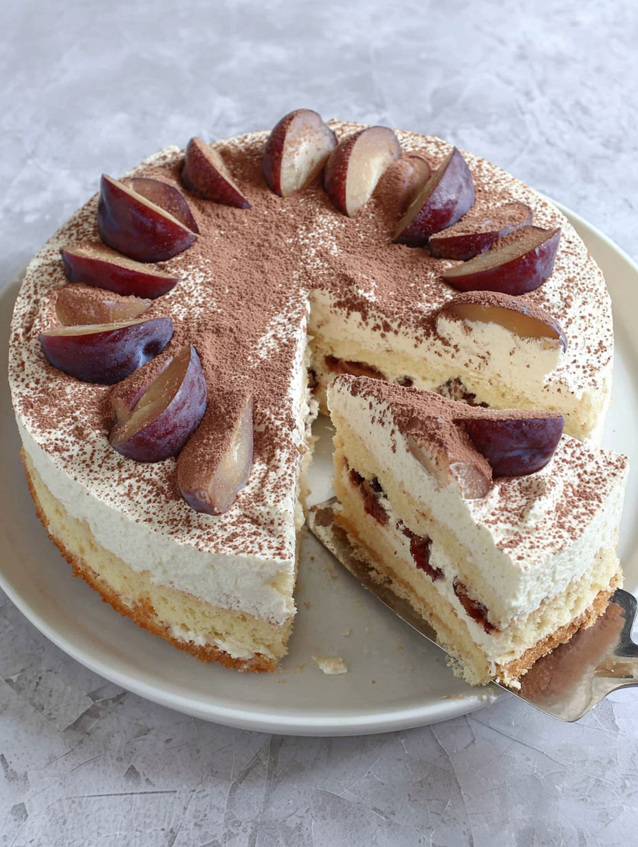 A slice of cake with chocolate and fruit toppings.