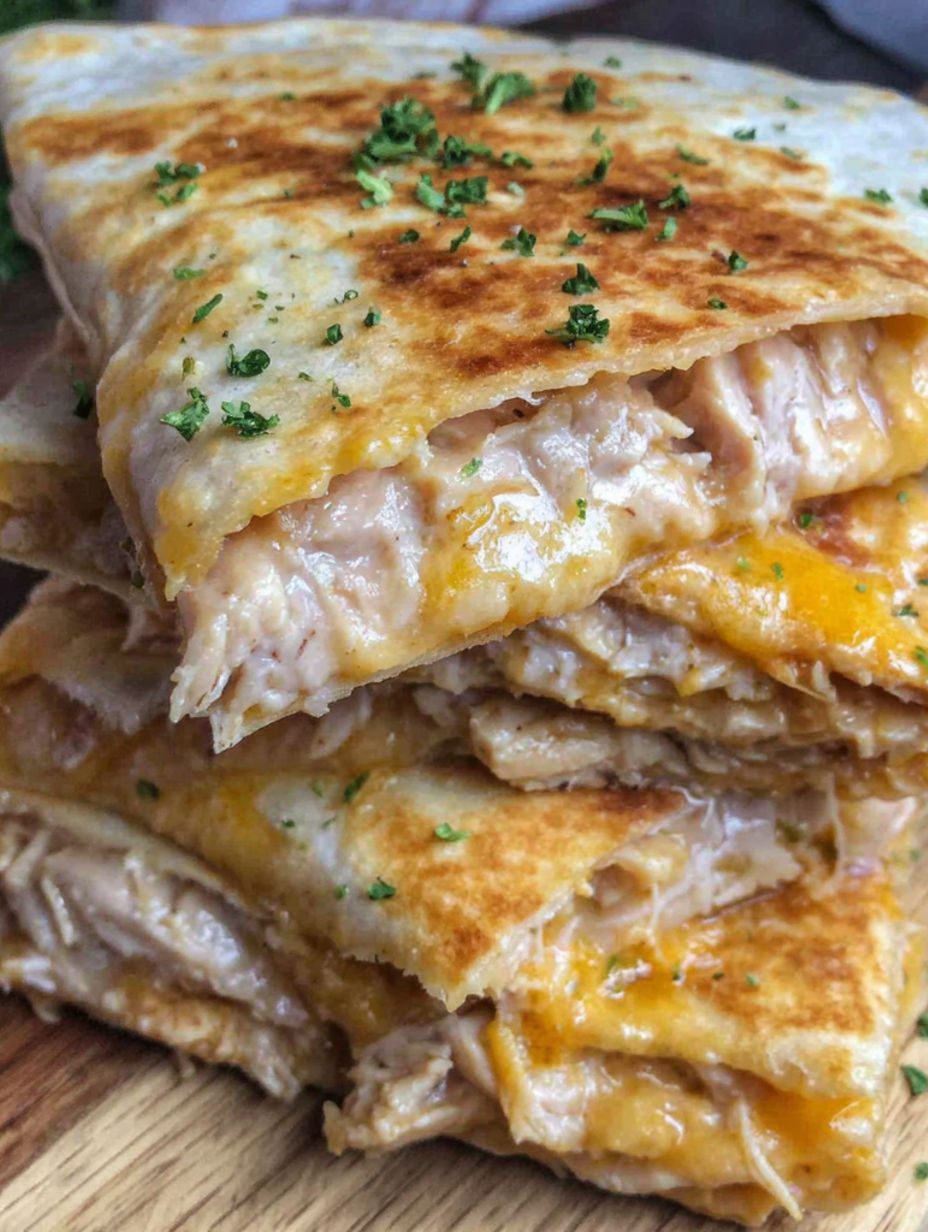 A stack of chicken enchiladas on a table.