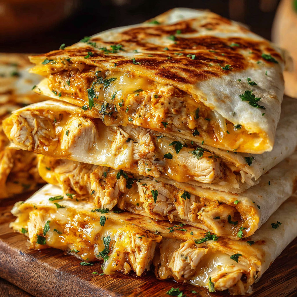 A stack of chicken wraps with cheese and green onions.