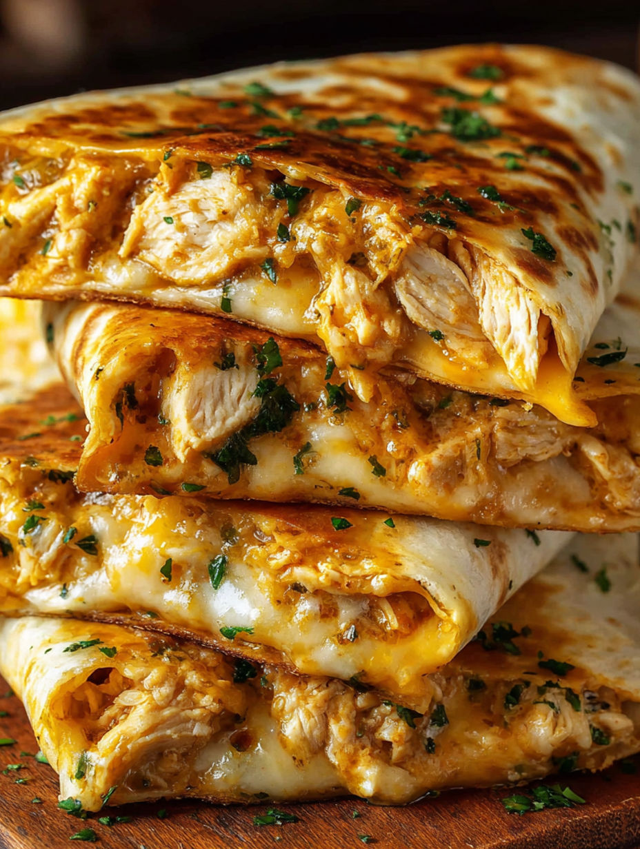 A stack of chicken wraps with cheese and herbs.