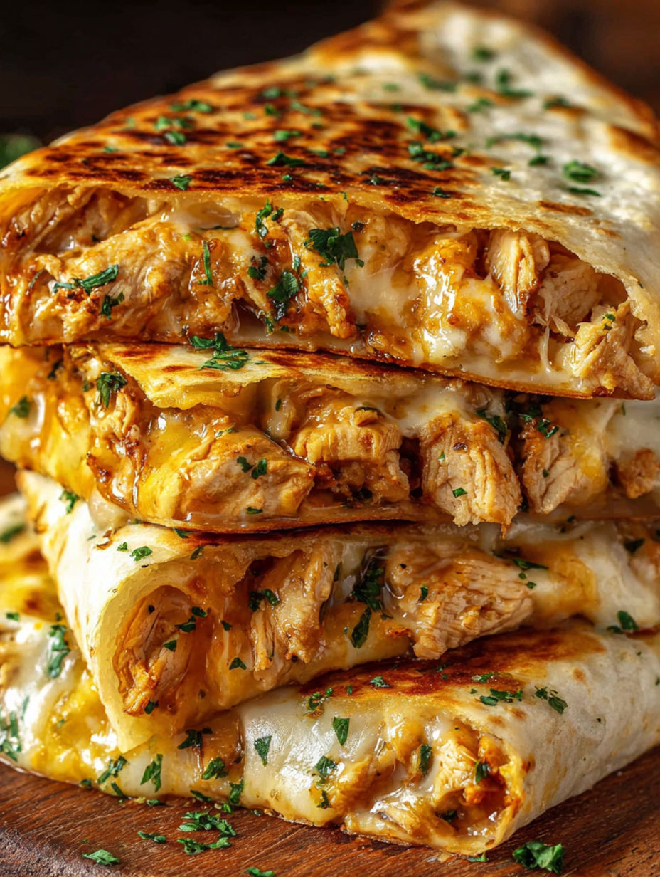 A stack of chicken wraps with cheese and herbs.