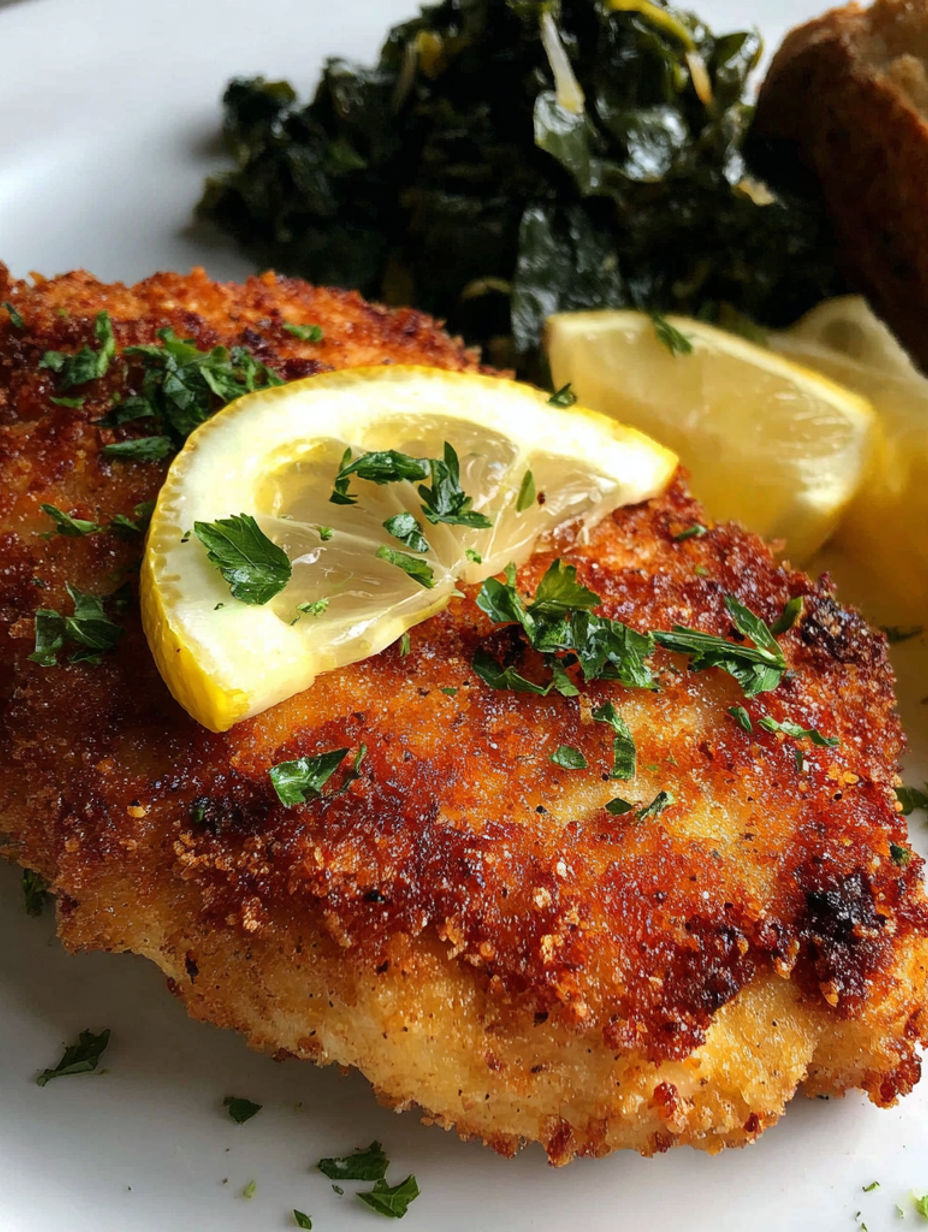 A piece of chicken with lemon on top.