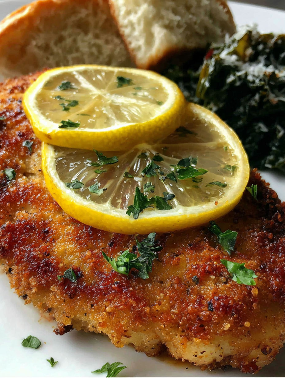 A piece of grilled chicken with lemon wedges on top.