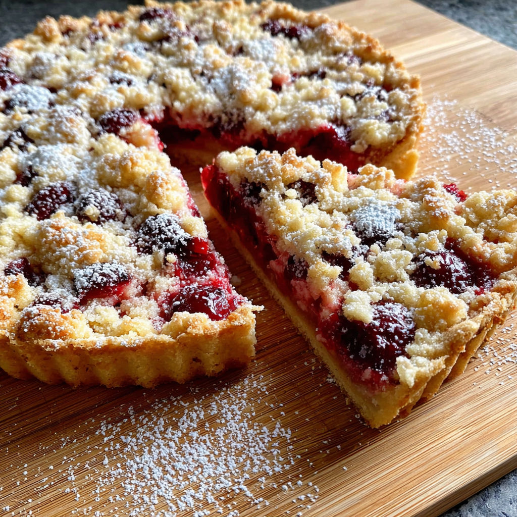 A slice of a classic plum cake with powdered sugar.