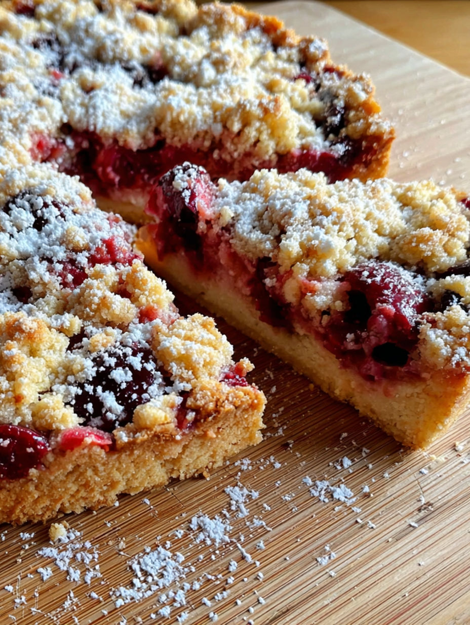 A slice of cake with berries and powdered sugar.