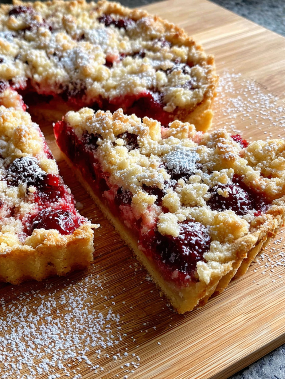 A slice of a dessert with berries and powdered sugar.