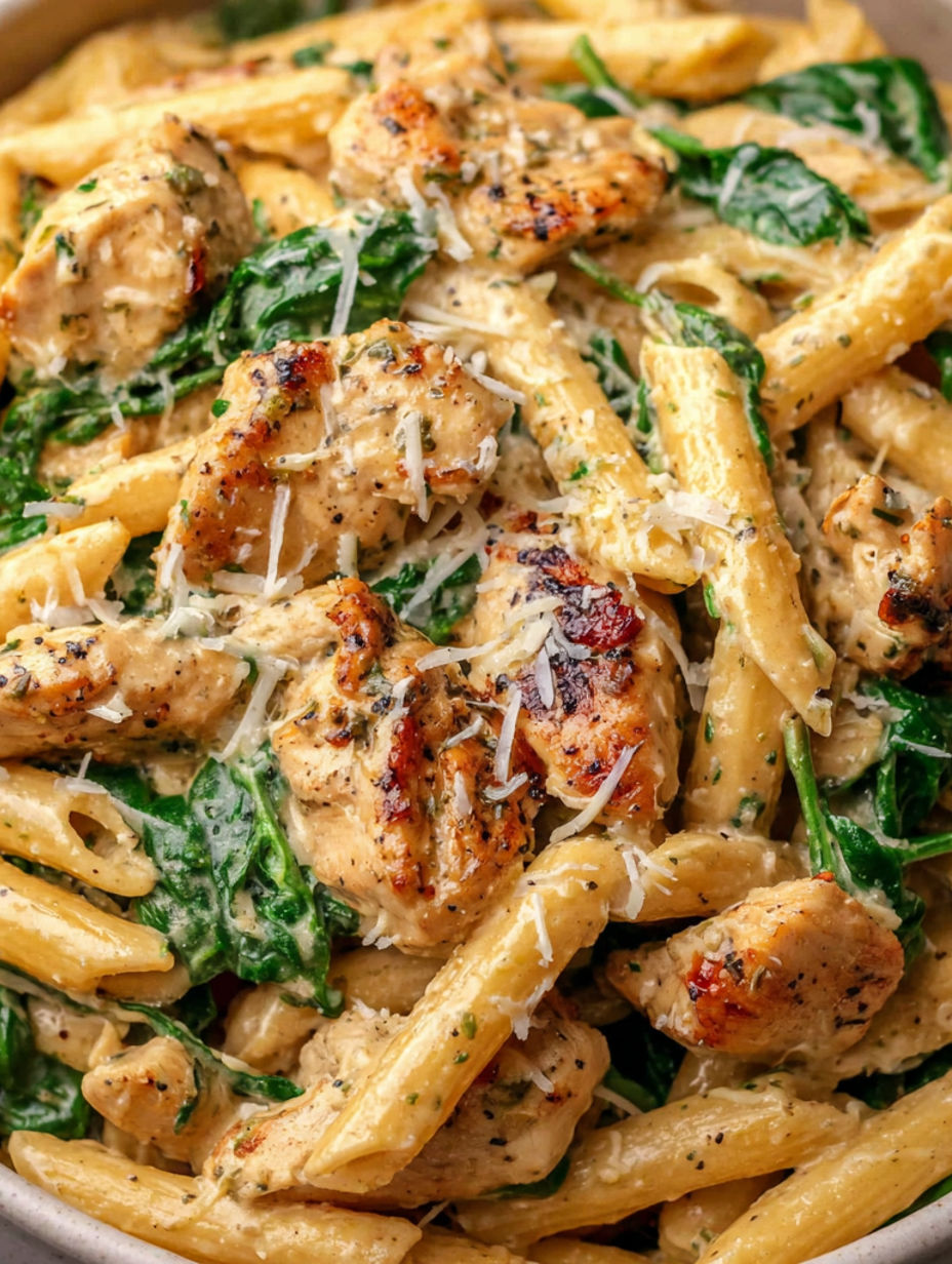 A plate of pasta with chicken and parmesan cheese.