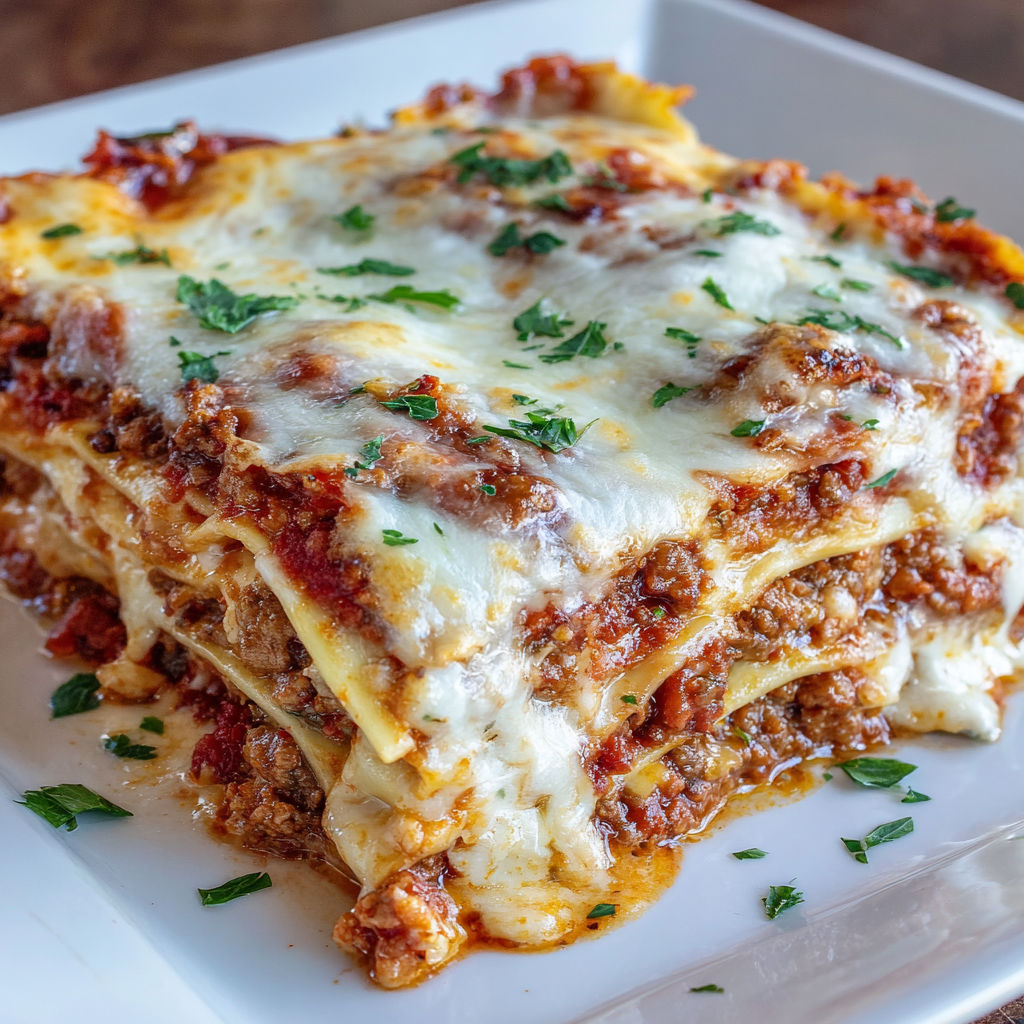 A close up of a lasagna with cheese and sauce.