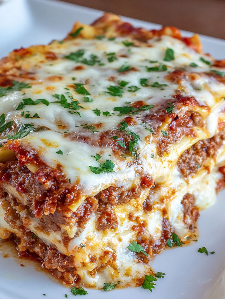 A close up of a lasagna with cheese and herbs.