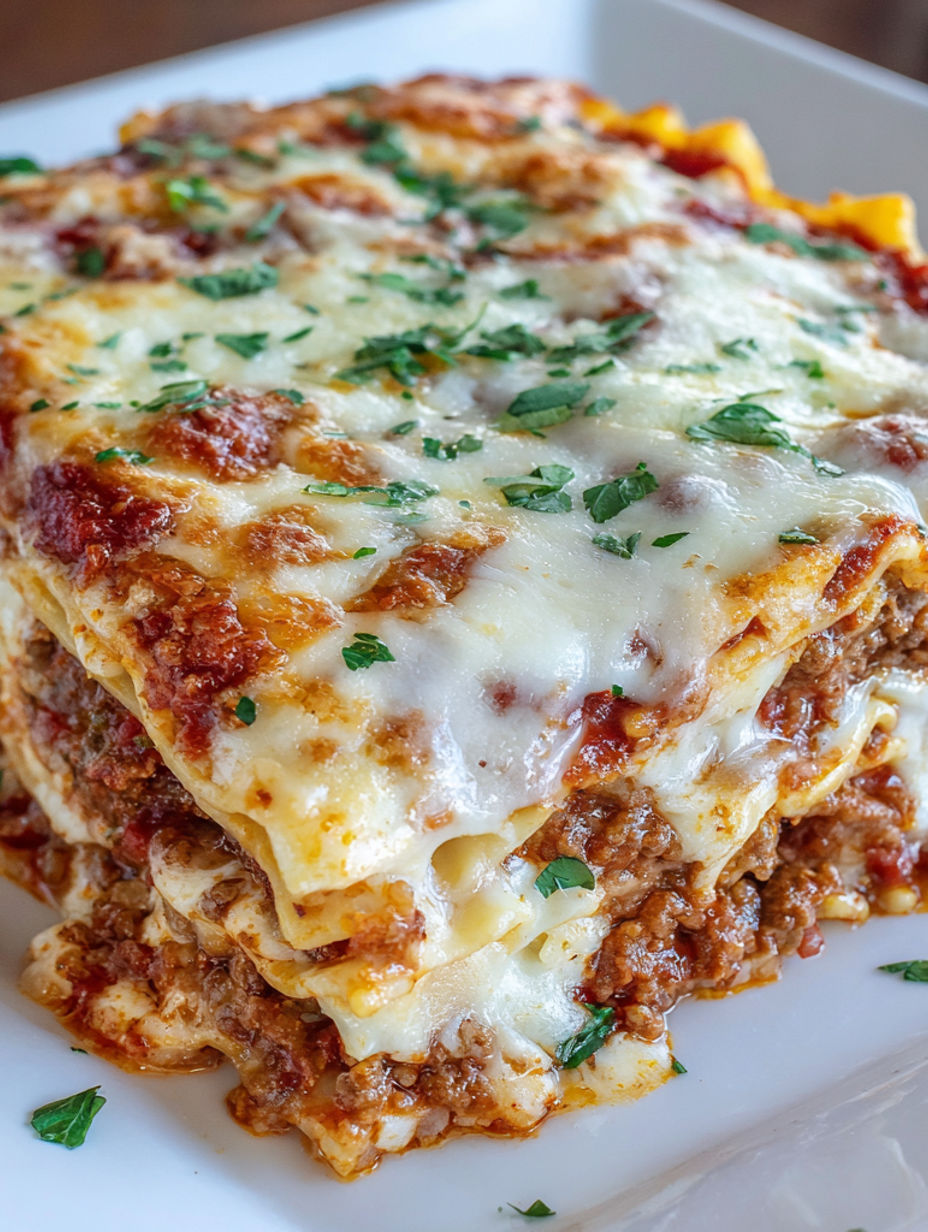 A close up of a lasagna with cheese and herbs.