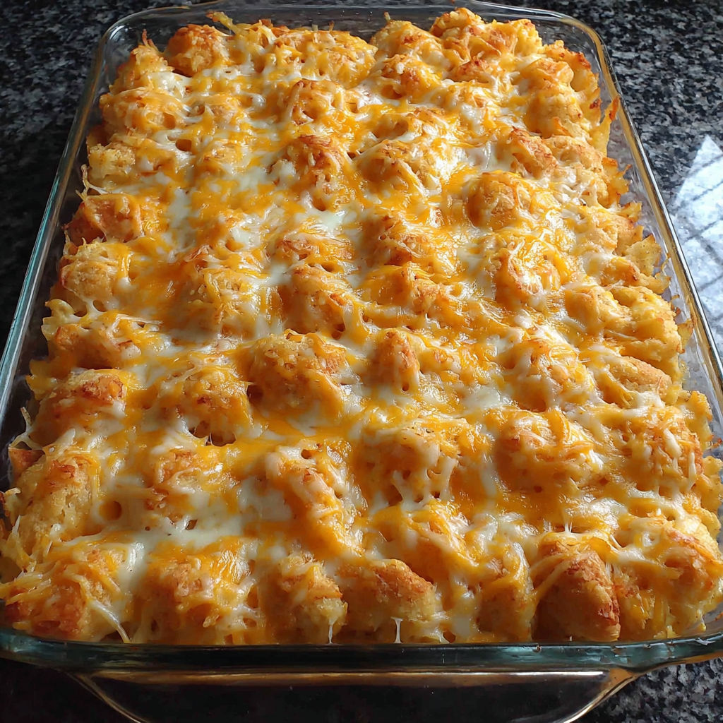 A baking dish filled with tater tot casserole.