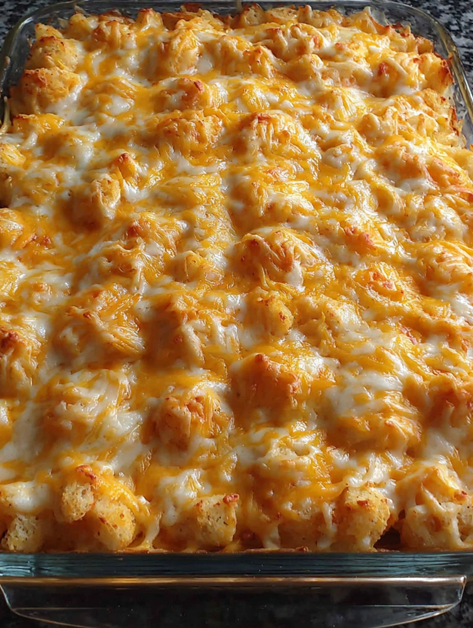 A tater tot casserole with cheese and chives.