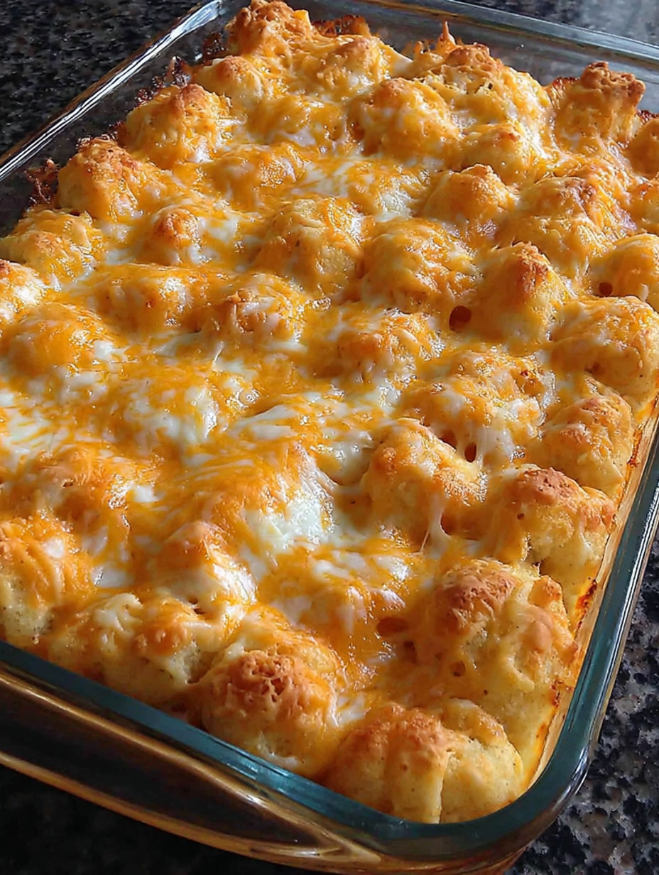 A tater tot casserole with cheese and bread crumbs.