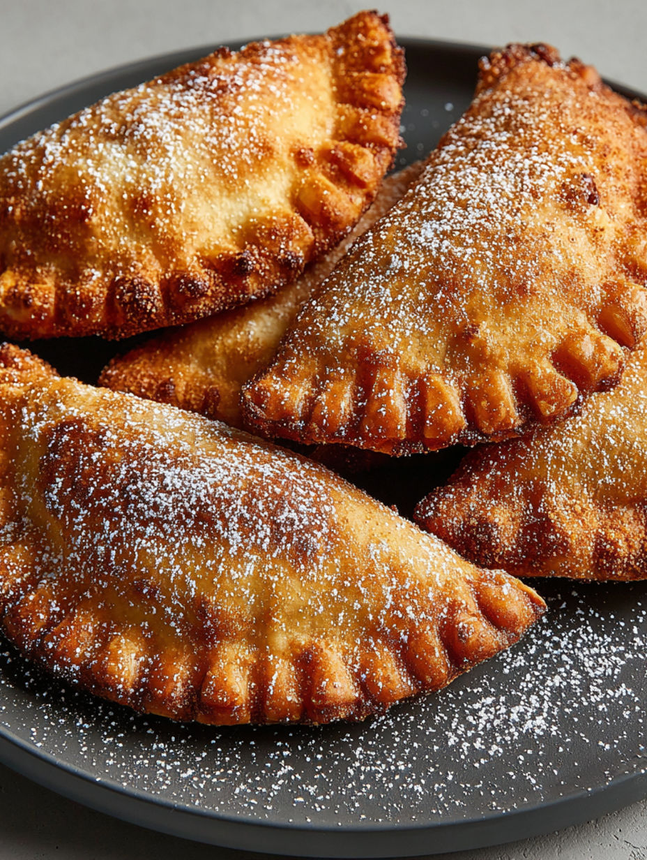 Fried apple pies covered in powdered sugar.