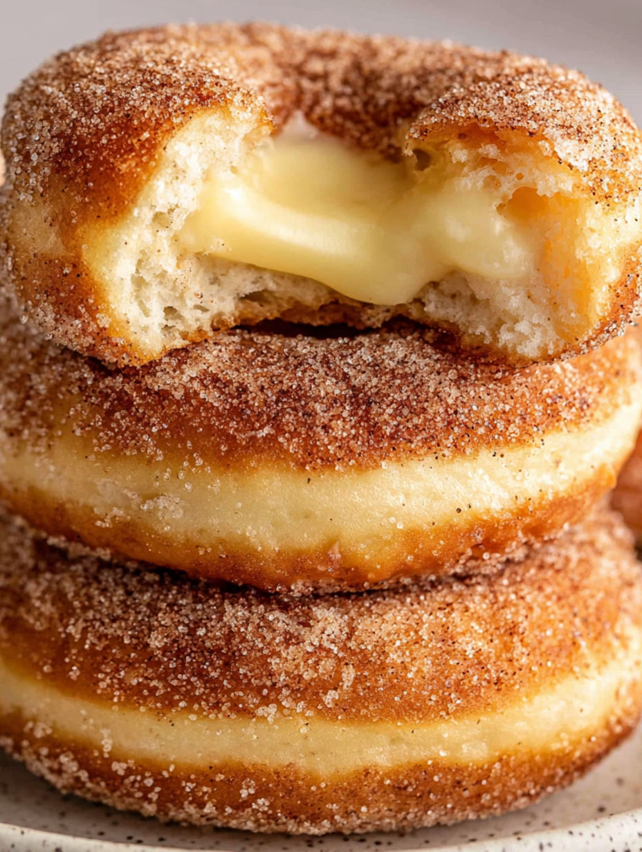 A stack of doughnuts with a bite taken out of one.