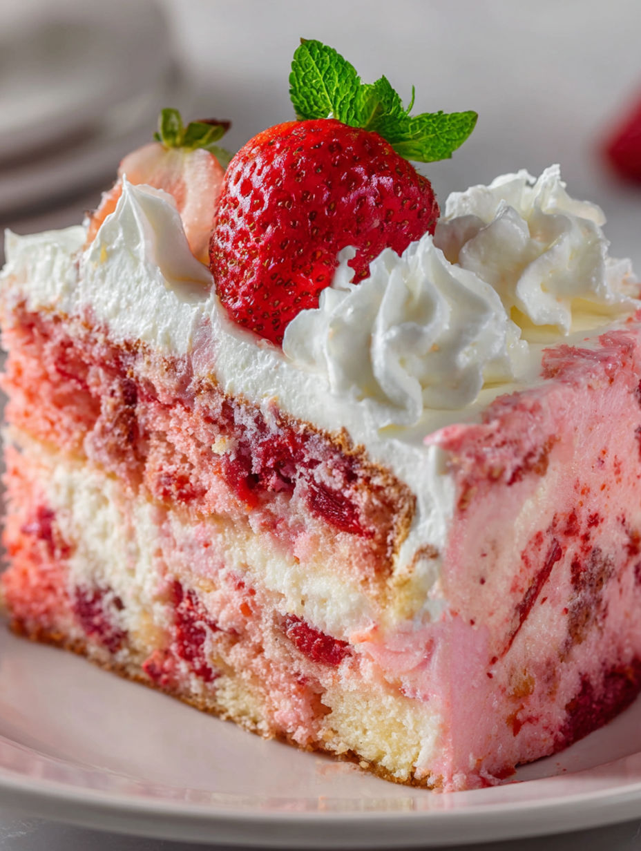 A slice of Erdbeer-Käsekuchen-Kuchen (Earthquake Cake) with whipped cream on top.