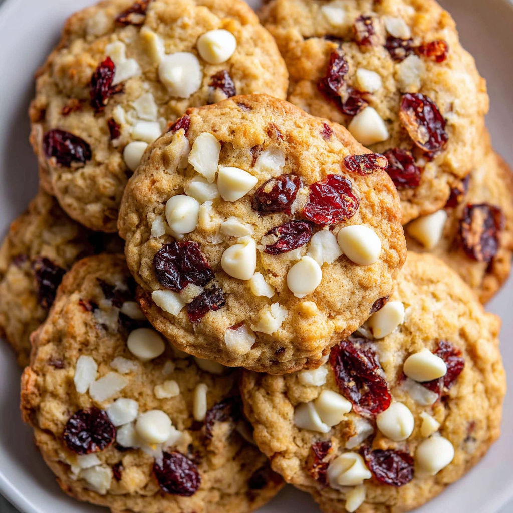 A plate of cookies with white chocolate and cranberries.