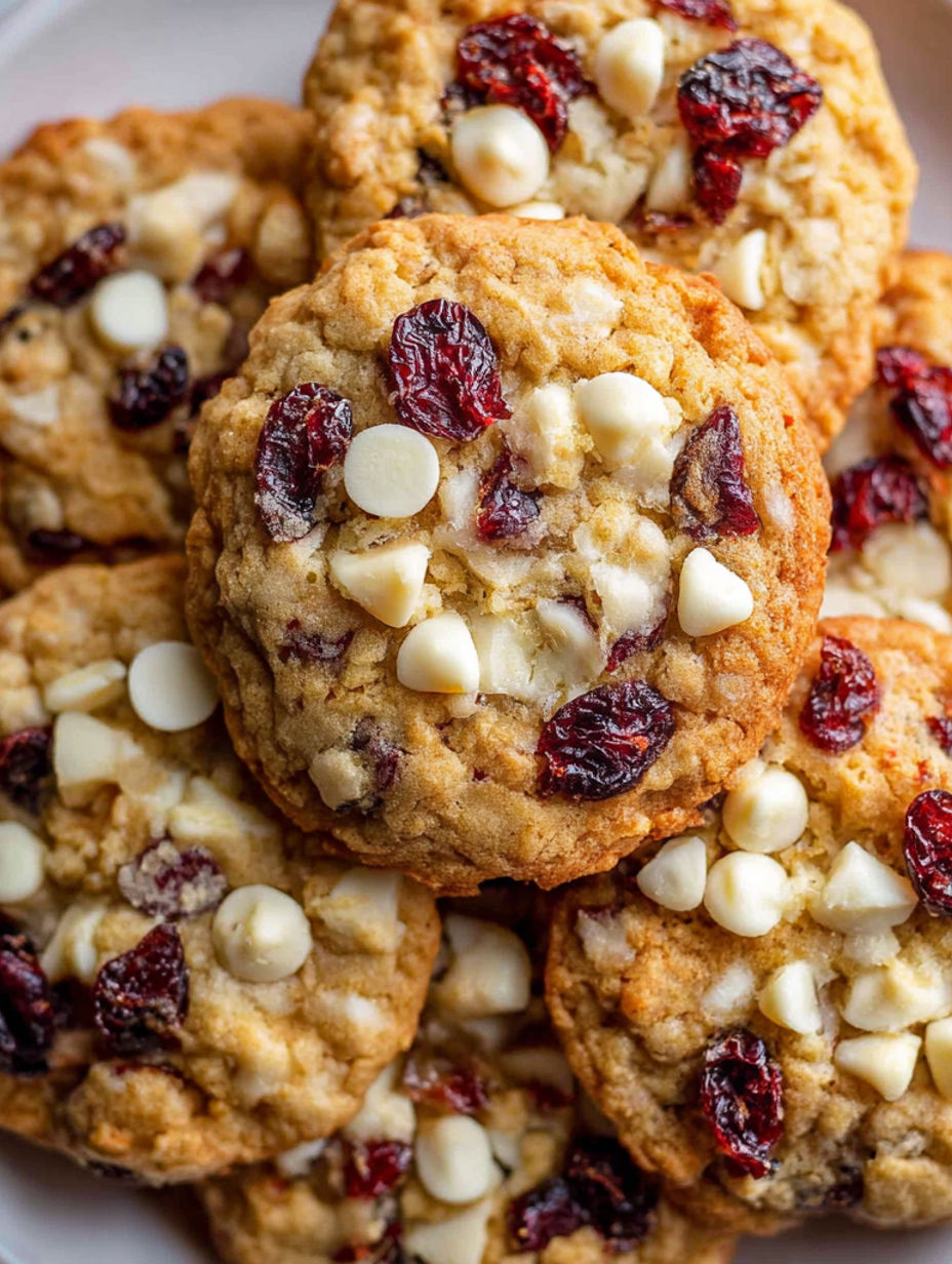 A plate of cookies with white chocolate and cranberries.