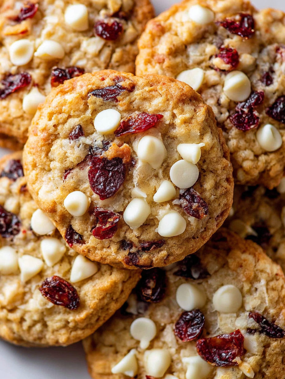 A close up of a cookie with white chocolate and cranberries.