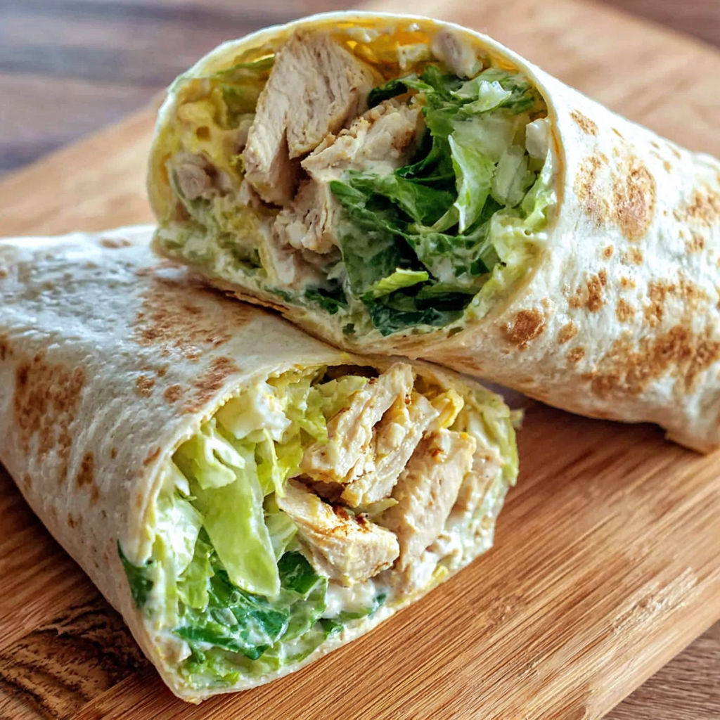 A wrap with chicken and lettuce.