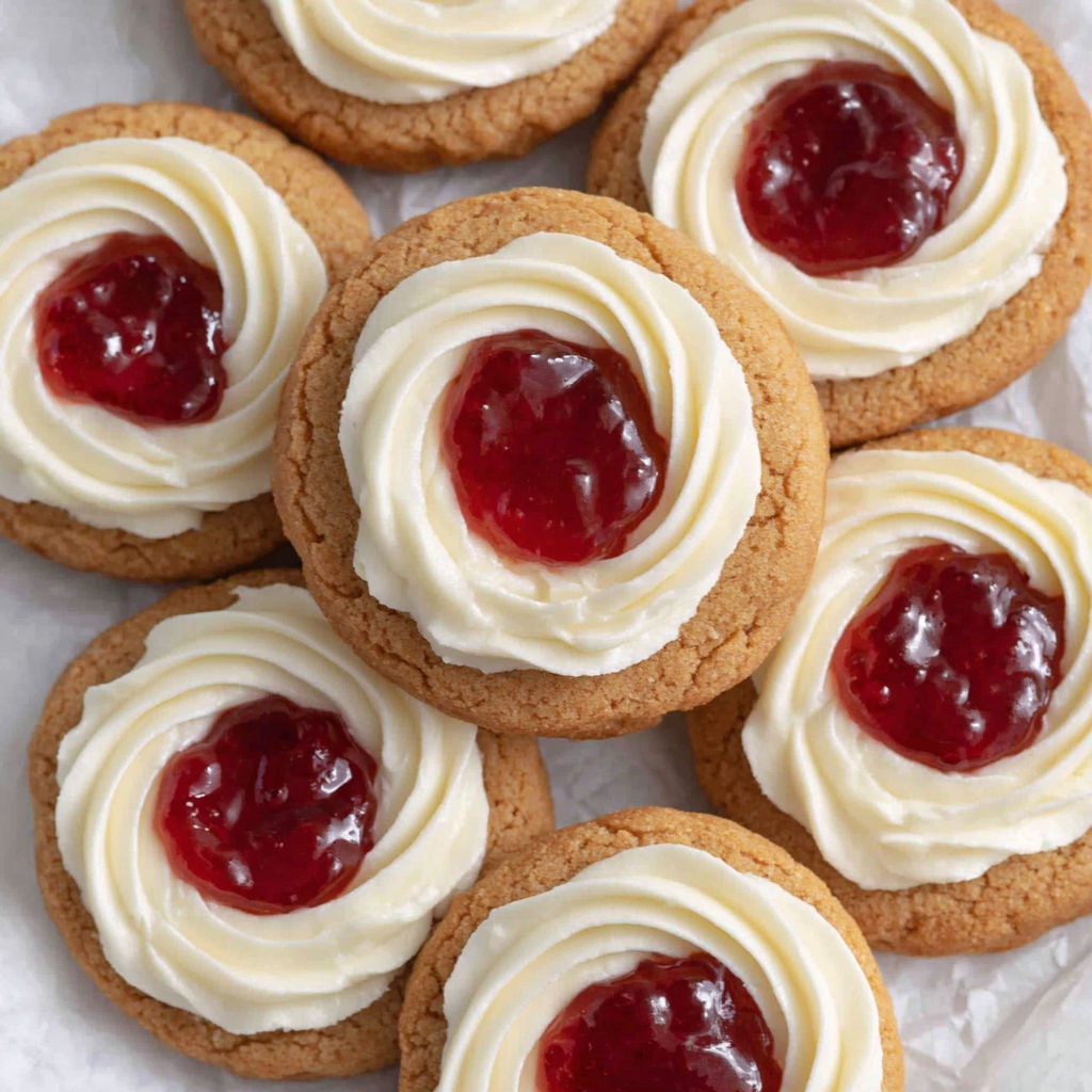 A plate of cookies with white frosting and red jam.