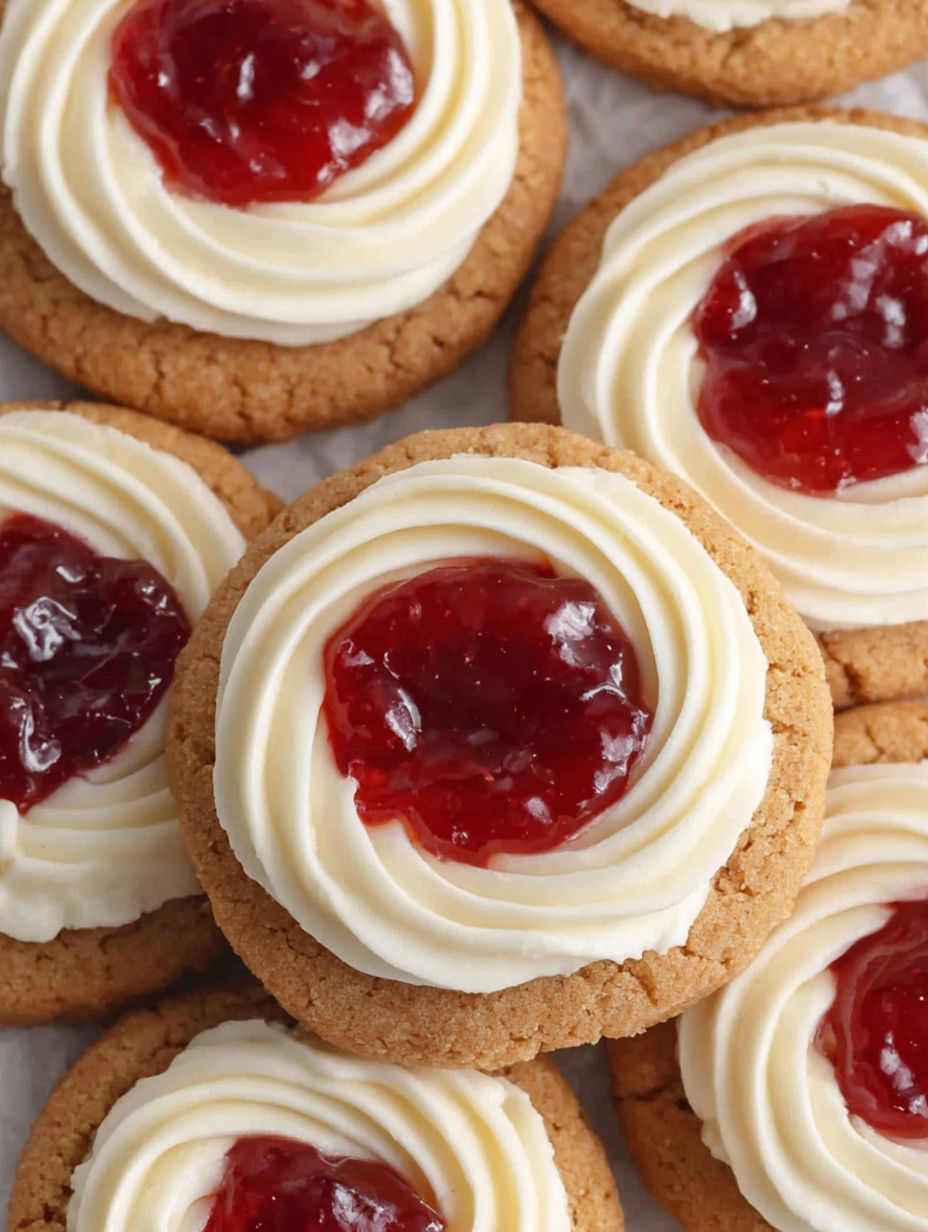 A plate of cookies with white frosting and red jam.