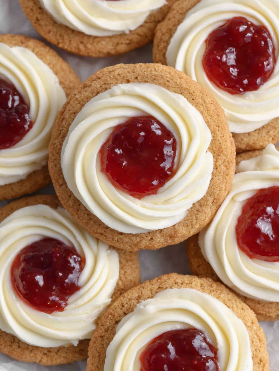 A plate of cookies with white frosting and red jam.
