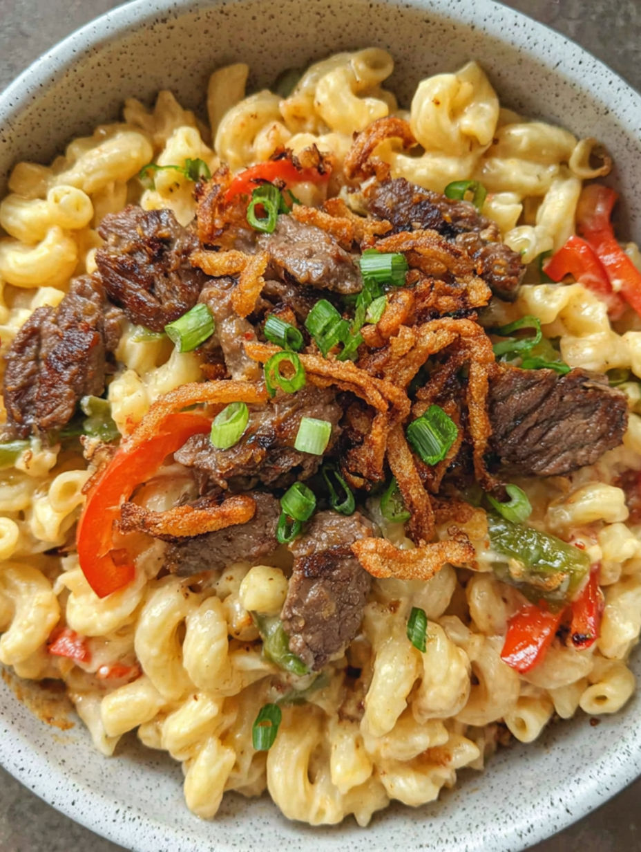 A bowl of mac and cheese with meat on top.