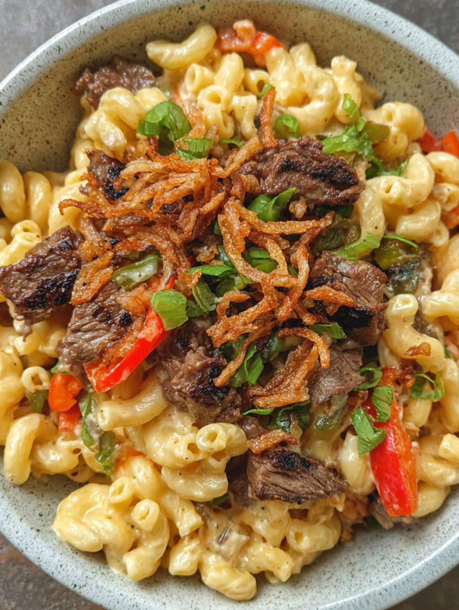 A bowl of Philly-style cheesesteak mac and cheese.