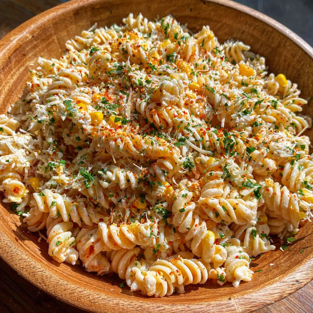 A bowl of pasta salad with corn and cheese.