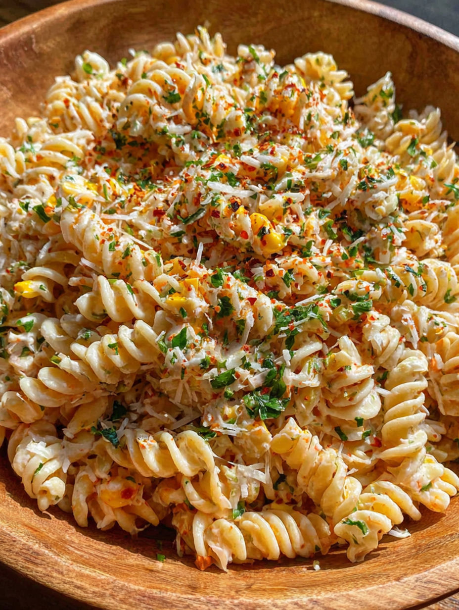 A bowl of pasta with cheese and spices.