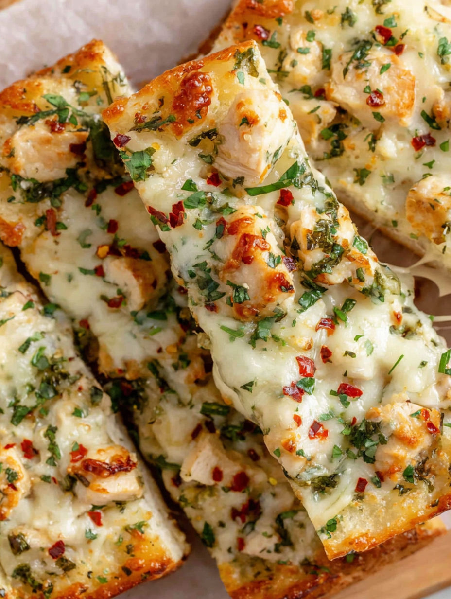 A slice of chicken Alfredo knoblauchbrot.