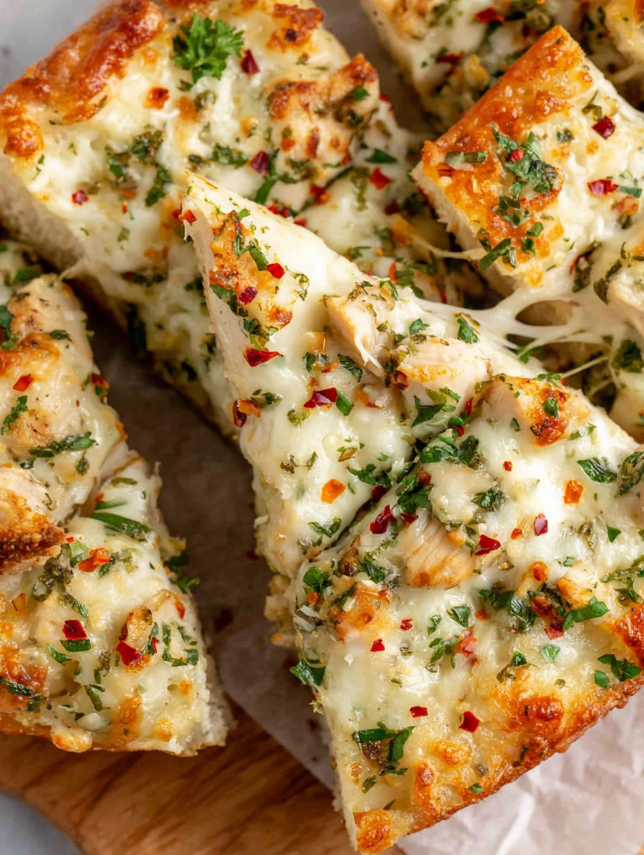 A slice of chicken Alfredo knoblauchbrot.