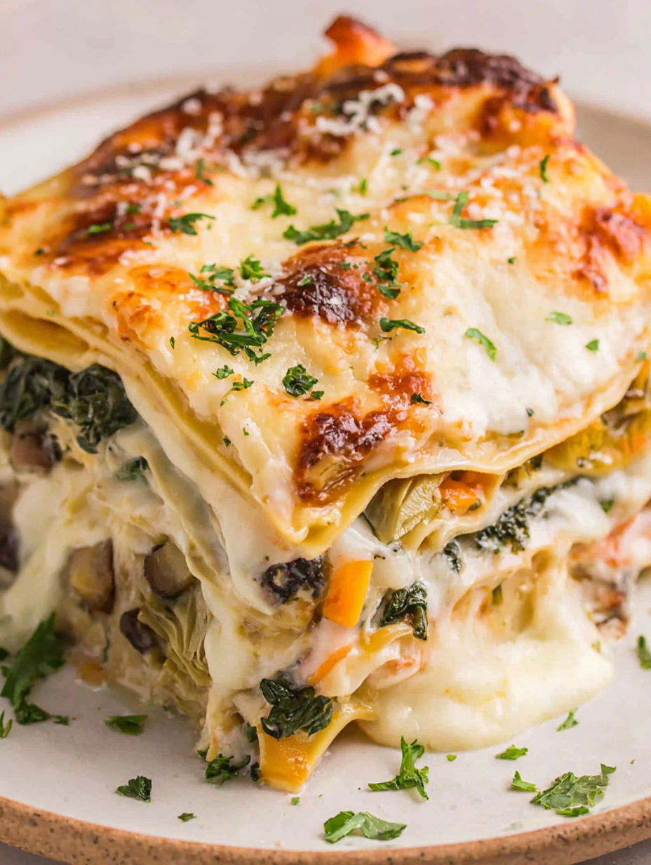 A slice of lasagna with white sauce.
