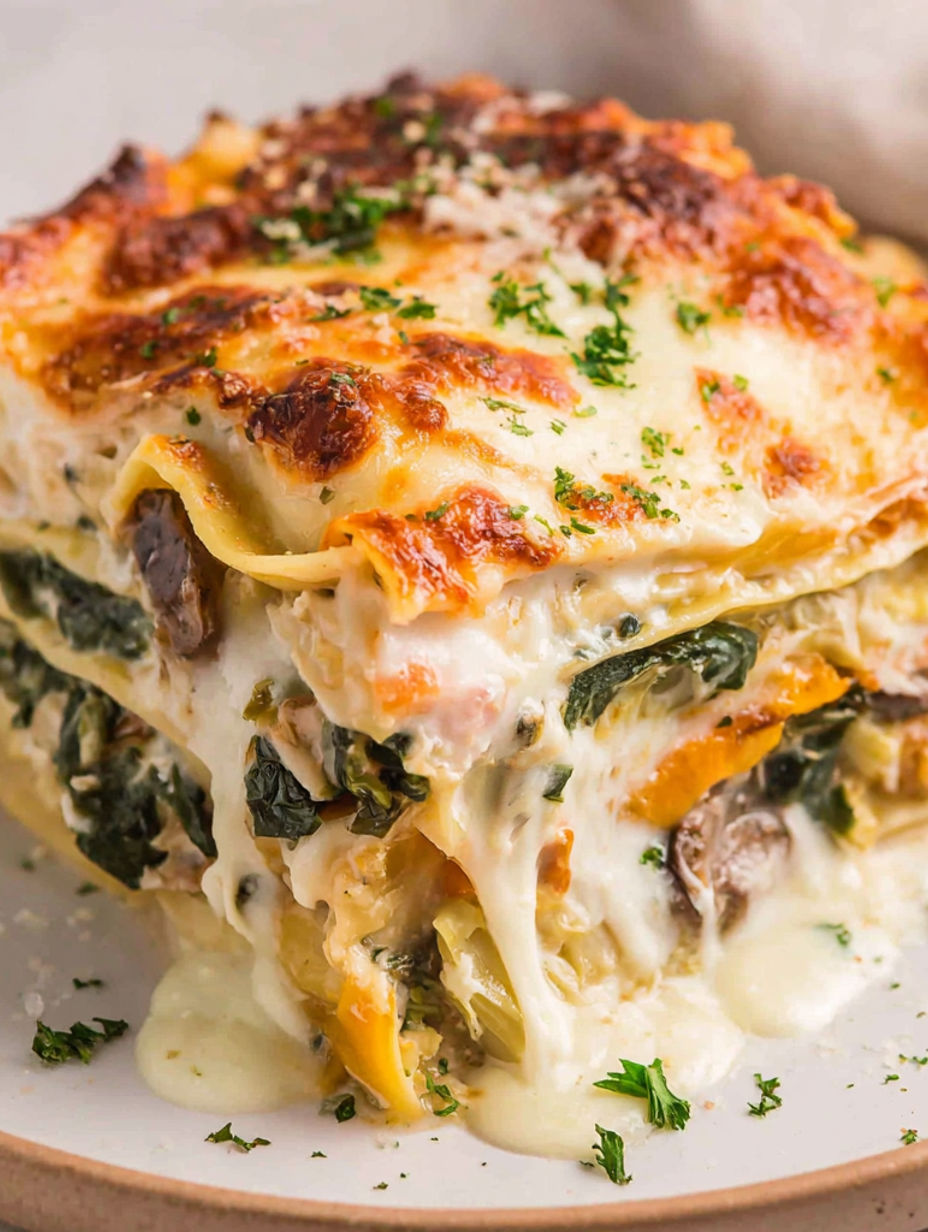 A close up of a lasagna with a white sauce.