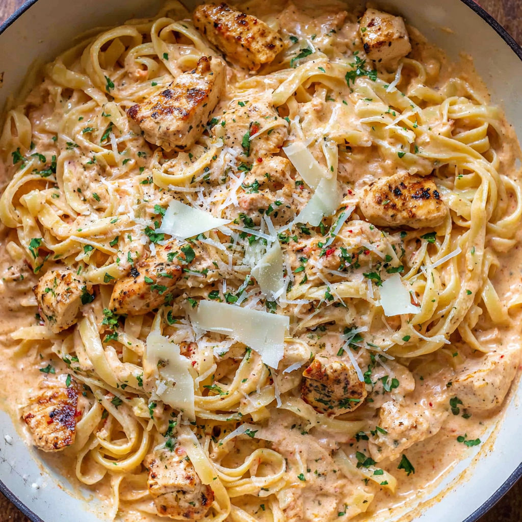 A bowl of creamy chicken and pasta.