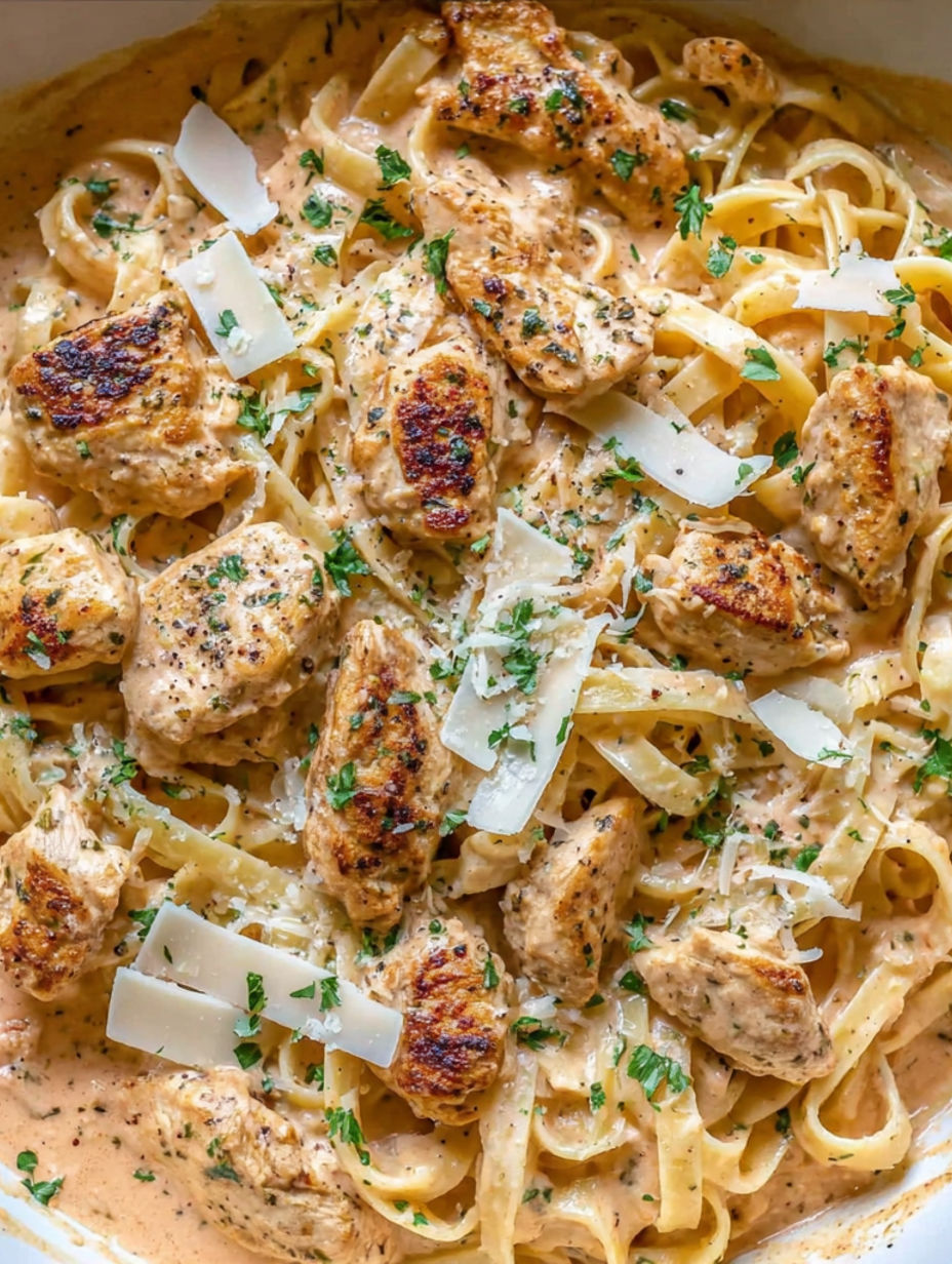 A plate of pasta with chicken and cheese.