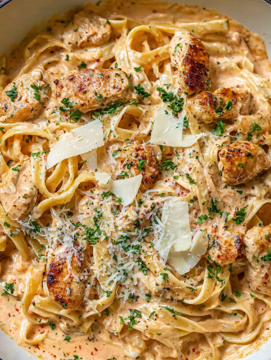 A dish of pasta with chicken and cheese.