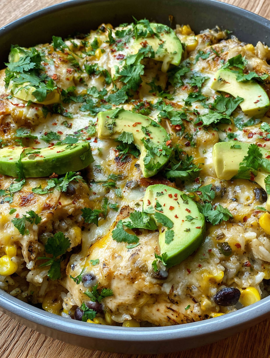 A dish of salsa verde chicken and rice.