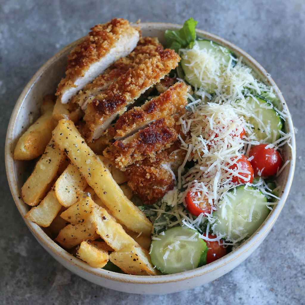 A bowl of food with chicken, fries, and salad.
