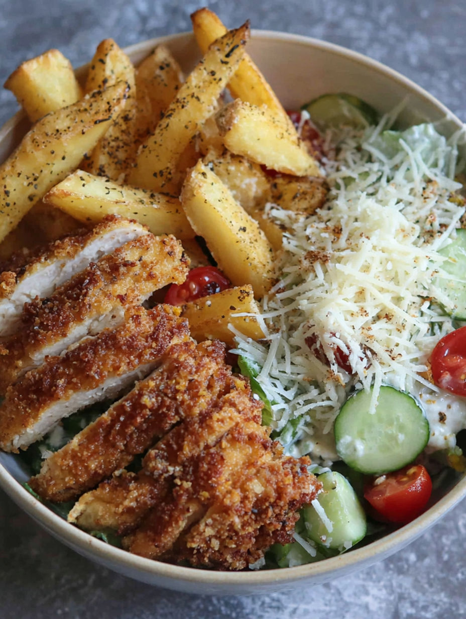 A bowl of food with chicken, fries, and vegetables.